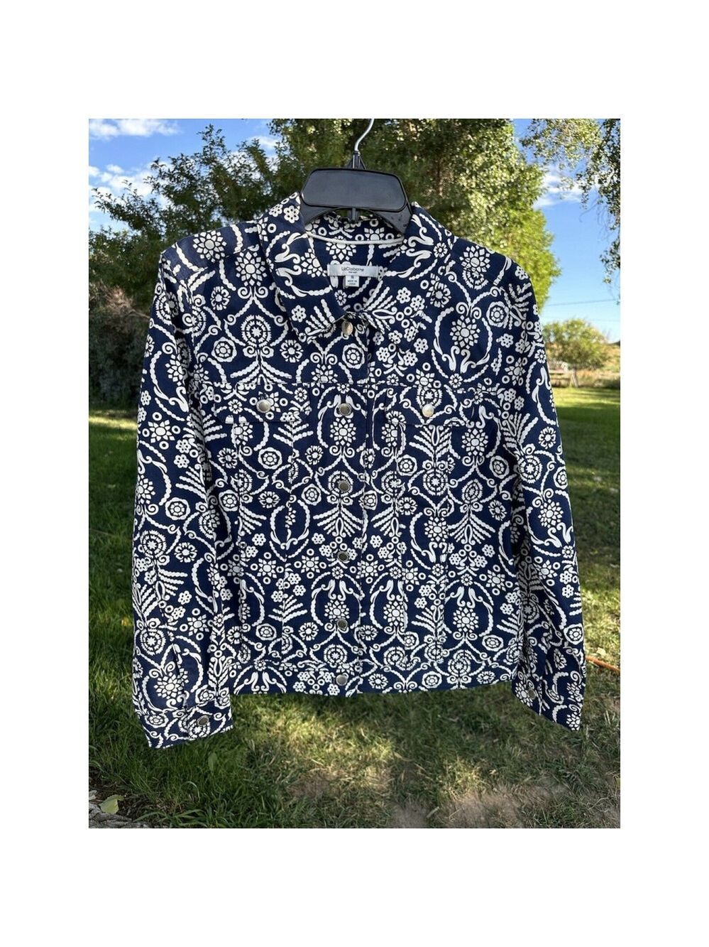 Liz Claiborne Floral Southwestern Jacket Women 16 Blue White Long Sleeves Pocket